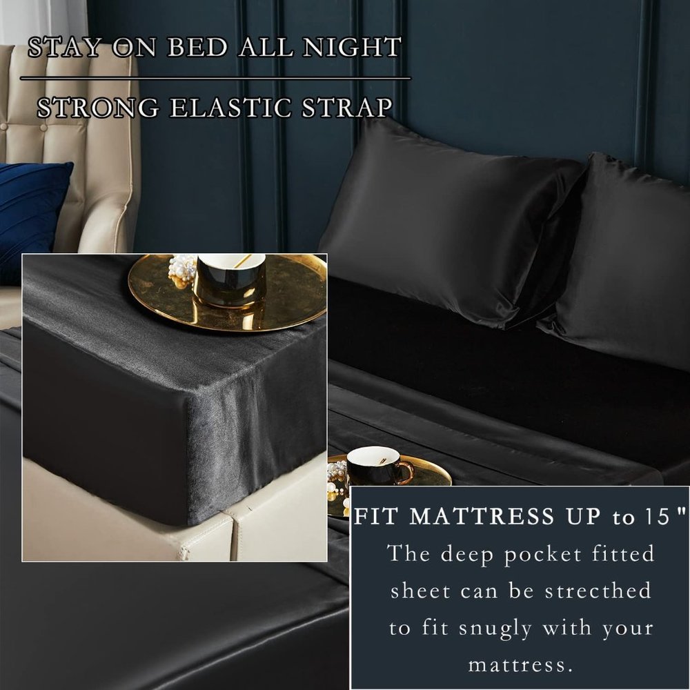 NEW 4 Pcs Satin Sheets -Silky Soft Extra Deep Pocket  Sheet Sets - Picture 6 of 16